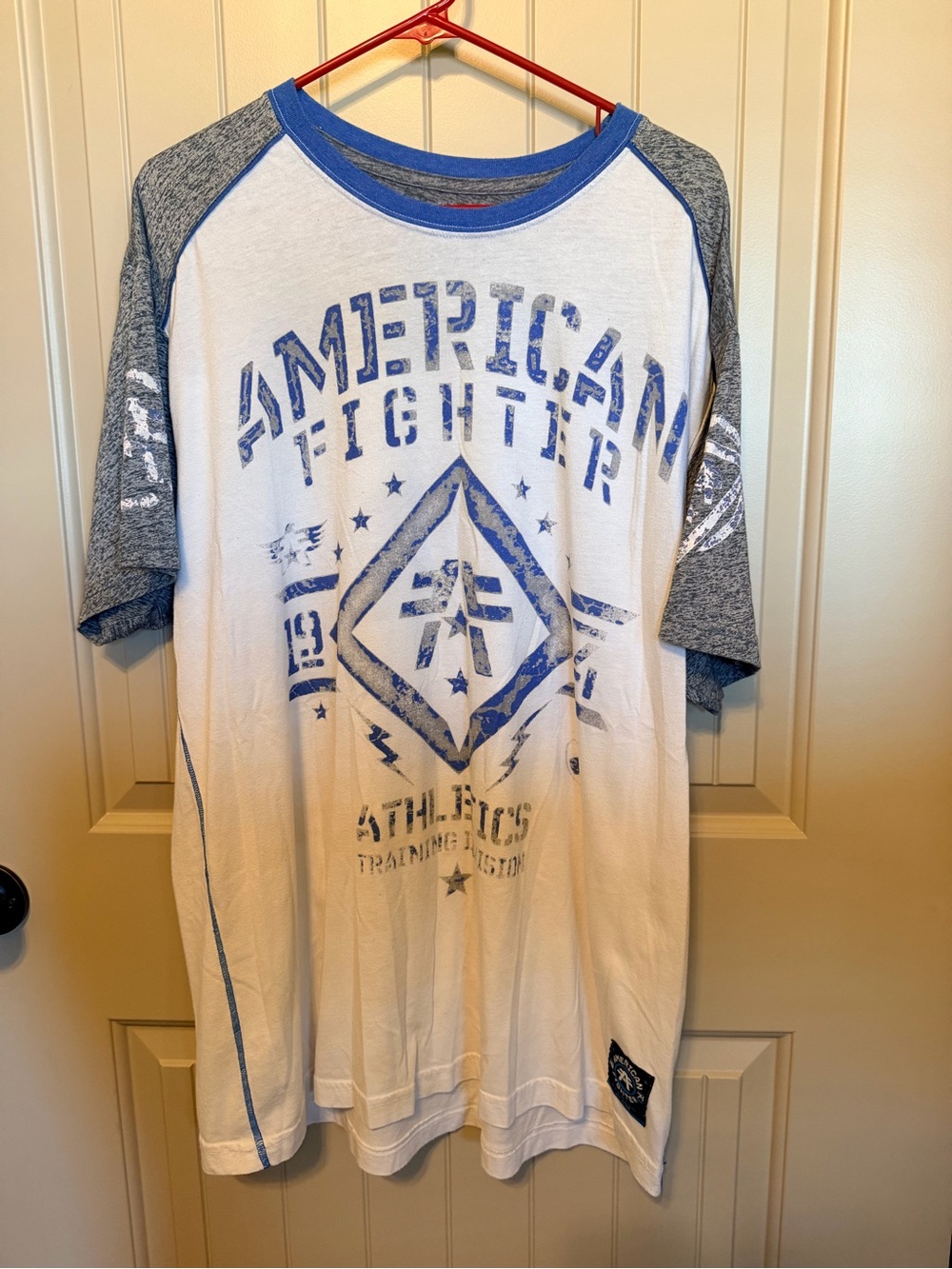 American Fighter White and Blue Raglan Graphic Short Sleeve Tee